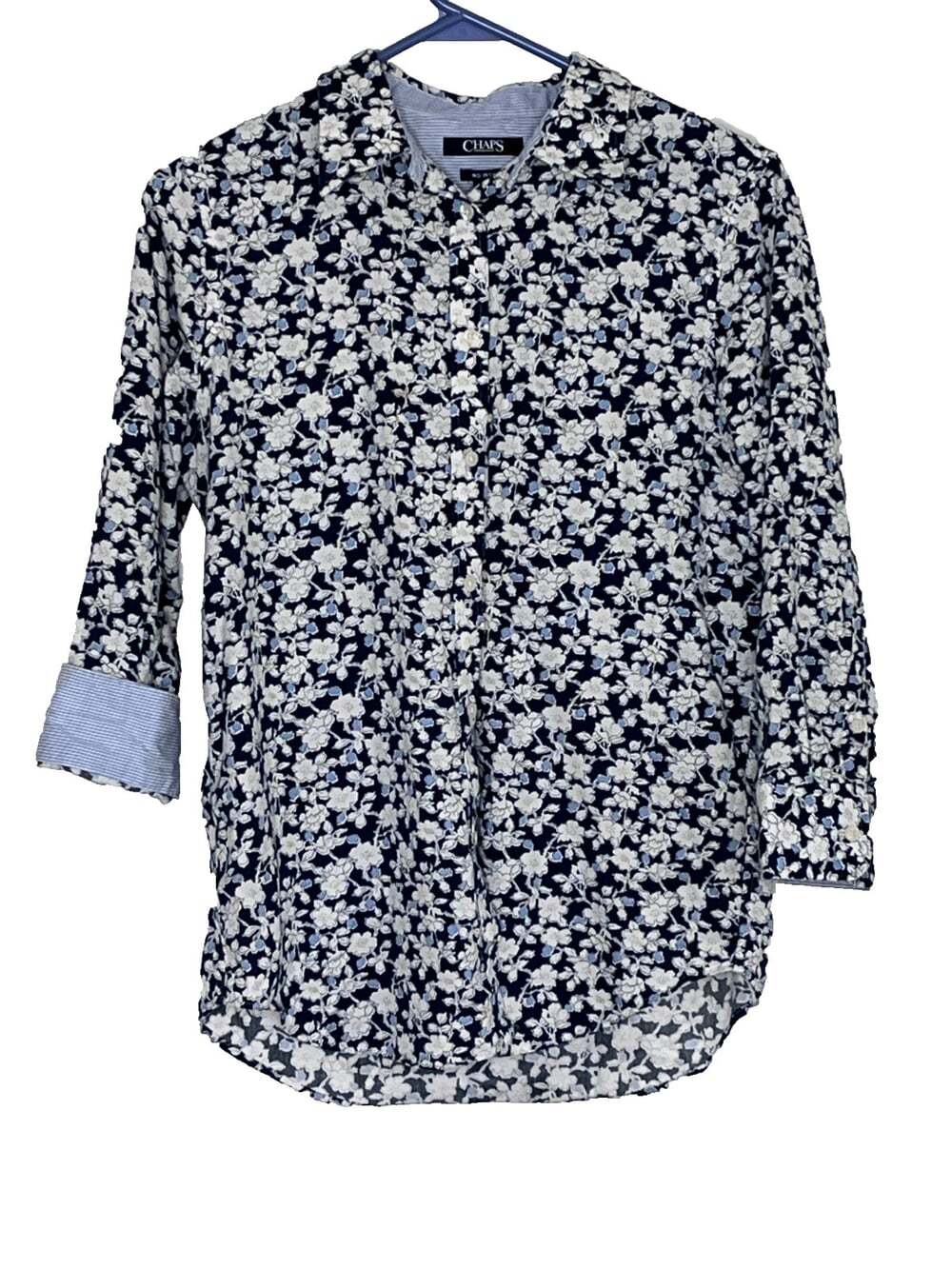Chaps Womens No Iron Button Up Shirt sz M Flip Cuff Cottagecore Preppy Floral